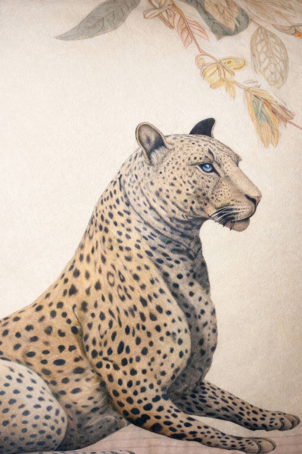 Beige velvet cushion cover with reclining cheetah and botanical floral illustration