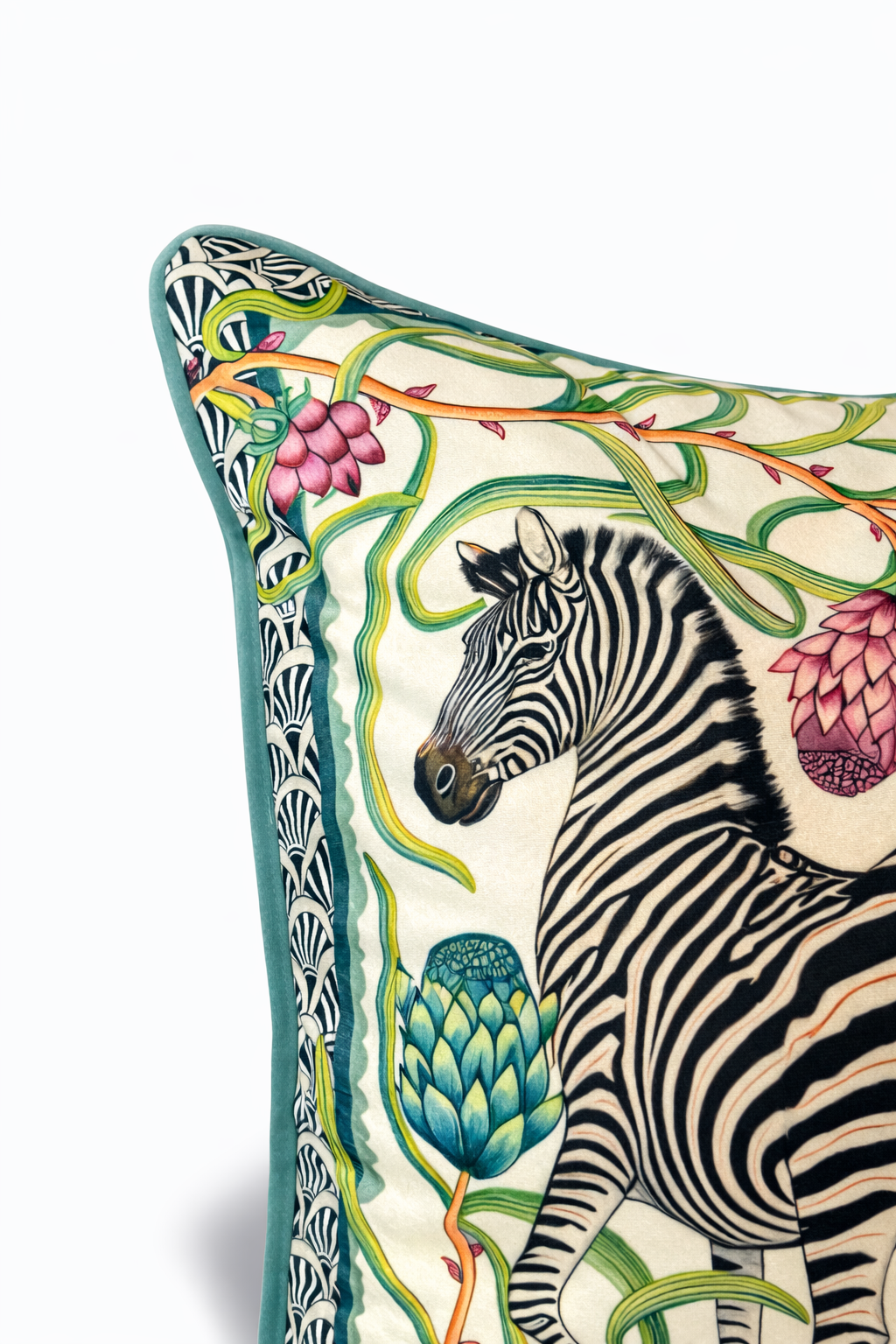 Mint green velvet cushion cover with zebra and leopard among botanical flowers