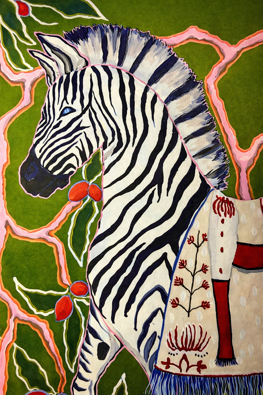 Green velvet cushion cover with illustrated zebra, decorative saddle and corner tassels