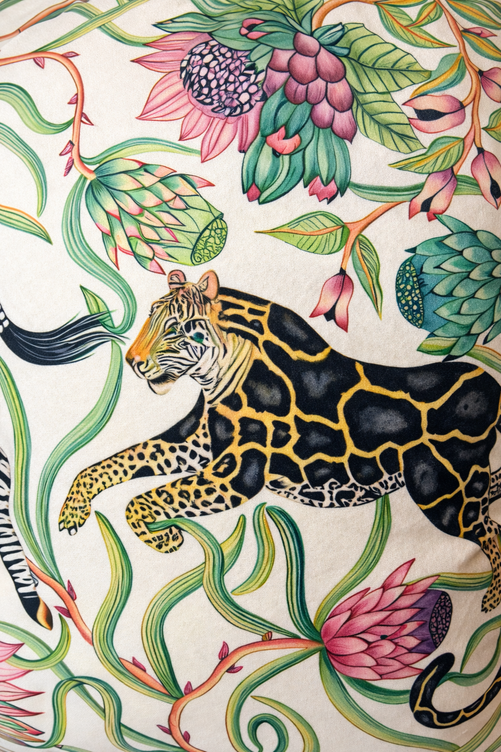 Mint green velvet cushion cover with zebra and leopard among botanical flowers