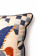 Blue and cream velvet cushion cover featuring a winged horse illustration with navy wings and pastel detailing, square cushion