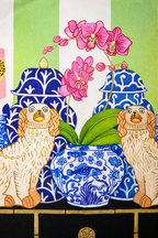 Mint green velvet cushion cover with two lucky dogs, blue porcelain vases and blue tassels