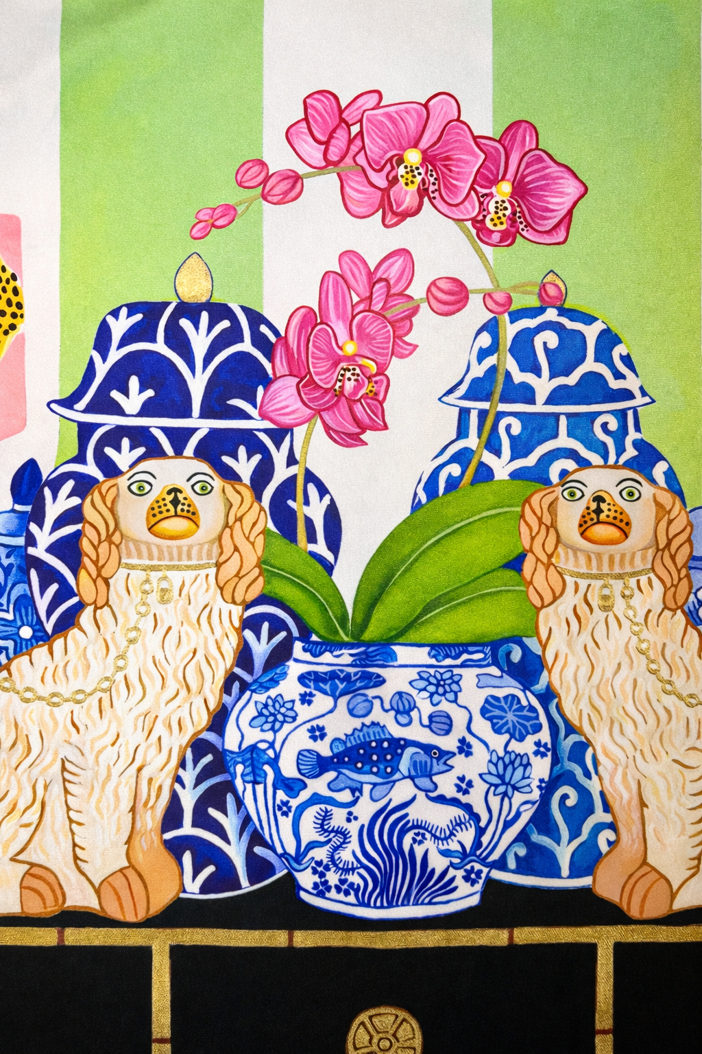Mint green velvet cushion cover with two lucky dogs, blue porcelain vases and blue tassels