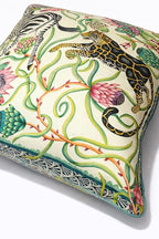 Mint green velvet cushion cover with zebra and leopard among botanical flowers