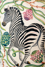 Mint green velvet cushion cover with zebra and leopard among botanical flowers