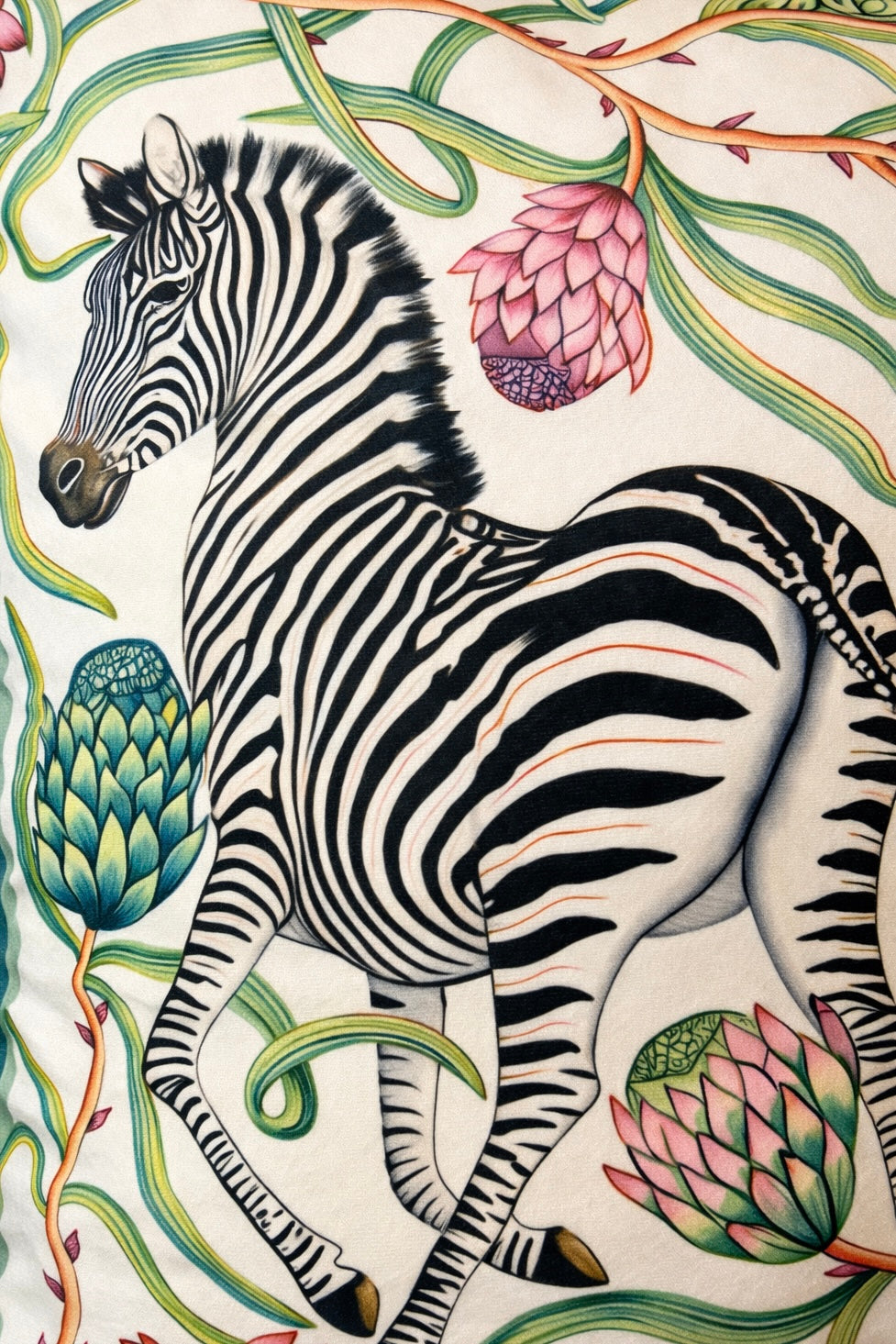 Mint green velvet cushion cover with zebra and leopard among botanical flowers