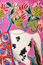 Pink velvet cushion cover with illustrated horse, floral motifs and white corner tassels