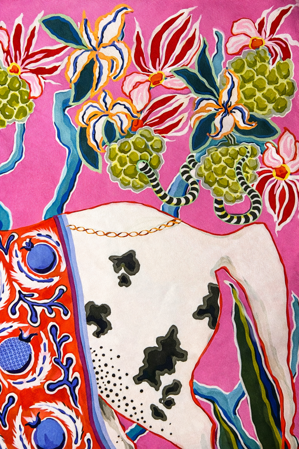 Pink velvet cushion cover with illustrated horse, floral motifs and white corner tassels