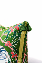 Green velvet cushion cover with illustrated zebra, decorative saddle and corner tassels