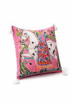 Pink velvet cushion cover with illustrated horse, floral motifs and white corner tassels