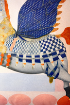 Blue and cream velvet cushion cover featuring a winged horse illustration with navy wings and pastel detailing, square cushion