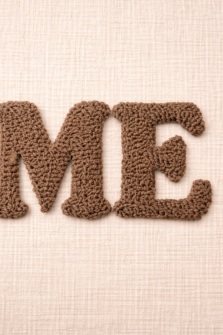 Ivory rectangular cushion with HOME appliqué lettering in raised stitched design