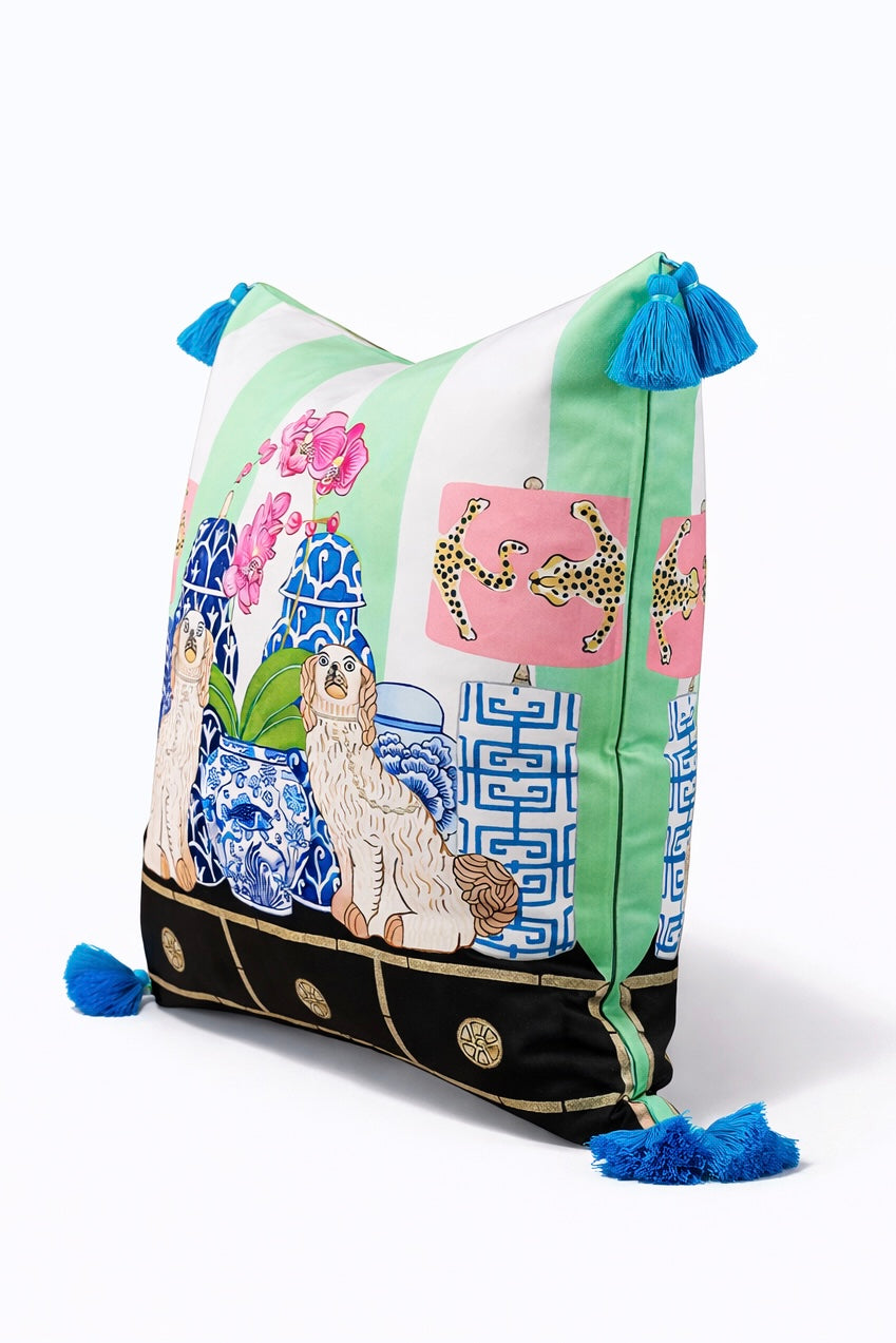 Mint green velvet cushion cover with two lucky dogs, blue porcelain vases and blue tassels