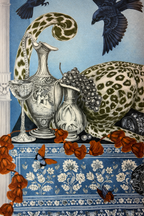 Square blue velvet cushion cover featuring a leopard, birds and decorative garden motifs with tassel corners