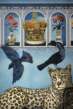 Square blue velvet cushion cover featuring a leopard, birds and decorative garden motifs with tassel corners