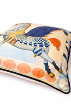 Blue and cream velvet cushion cover featuring a winged horse illustration with navy wings and pastel detailing, square cushion