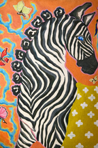 Orange velvet cushion cover with illustrated zebra, floral motifs and blue tassels, square decorative cushion.