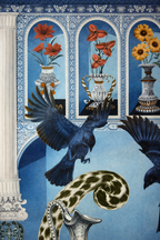 Square blue velvet cushion cover featuring a leopard, birds and decorative garden motifs with tassel corners