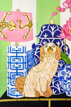 Mint green velvet cushion cover with two lucky dogs, blue porcelain vases and blue tassels