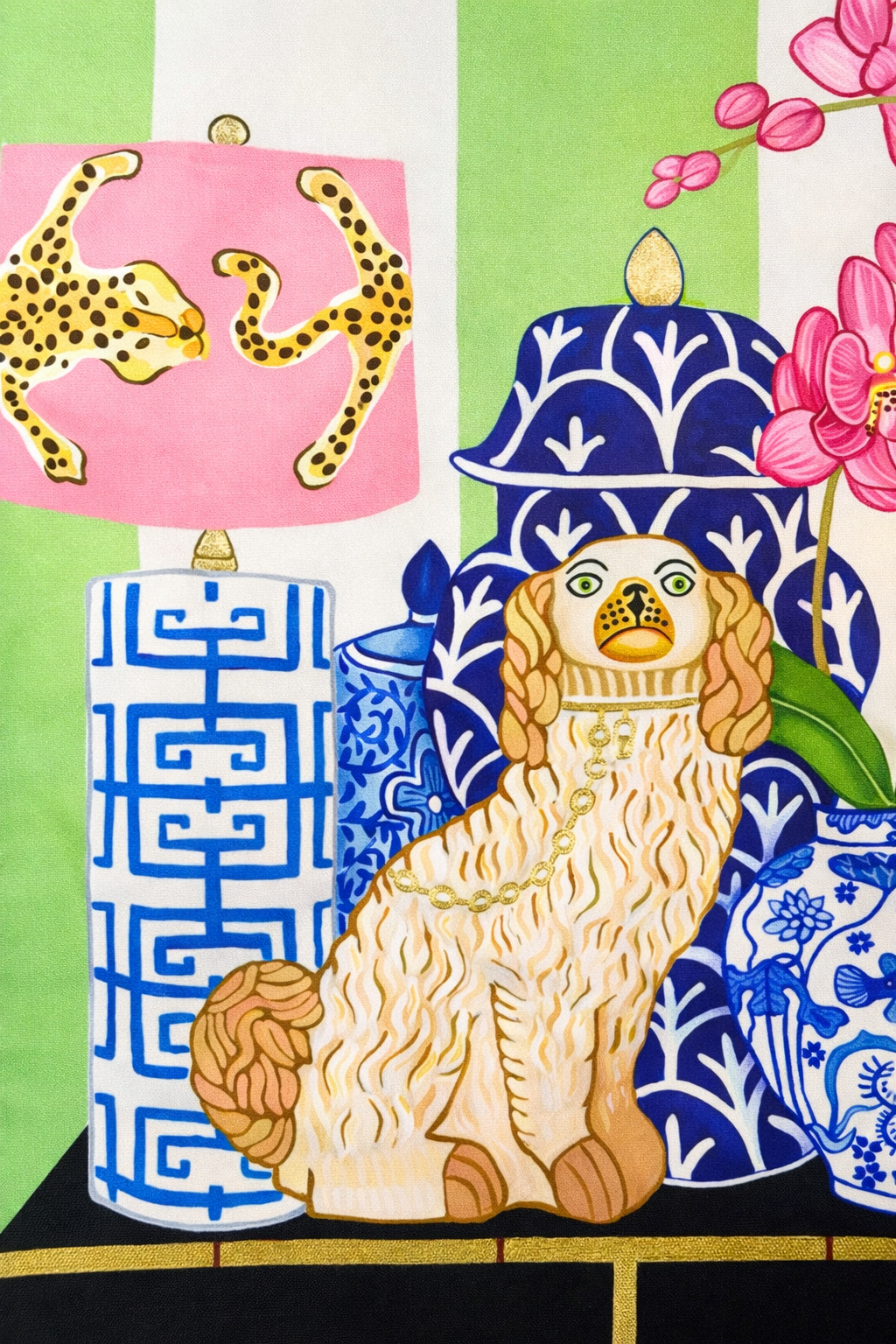 Mint green velvet cushion cover with two lucky dogs, blue porcelain vases and blue tassels