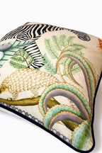 Beige velvet cushion cover with zebra, botanical flowers and wildlife illustration