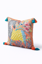 Orange velvet cushion cover with illustrated zebra, floral motifs and blue tassels, square decorative cushion.