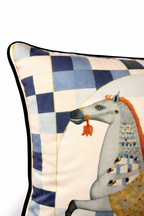 Blue and cream velvet cushion cover featuring a winged horse illustration with navy wings and pastel detailing, square cushion