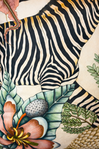 Beige velvet cushion cover with zebra, botanical flowers and wildlife illustration