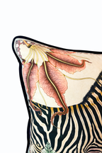 Beige velvet cushion cover with zebra, botanical flowers and wildlife illustration