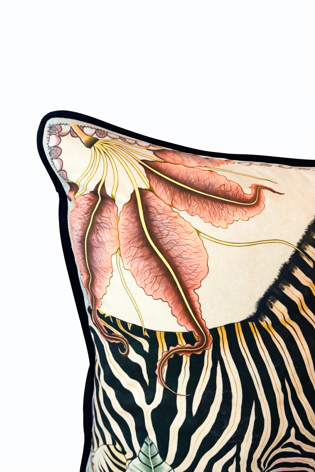 Beige velvet cushion cover with zebra, botanical flowers and wildlife illustration