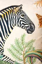 Beige velvet cushion cover with zebra, botanical flowers and wildlife illustration