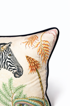 Beige velvet cushion cover with zebra, botanical flowers and wildlife illustration