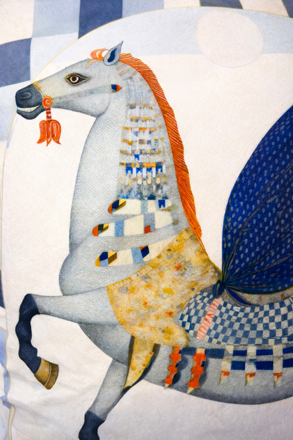 Blue and cream velvet cushion cover featuring a winged horse illustration with navy wings and pastel detailing, square cushion