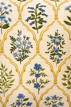 Cream square cushion with blue floral motifs and repeating arched lattice pattern