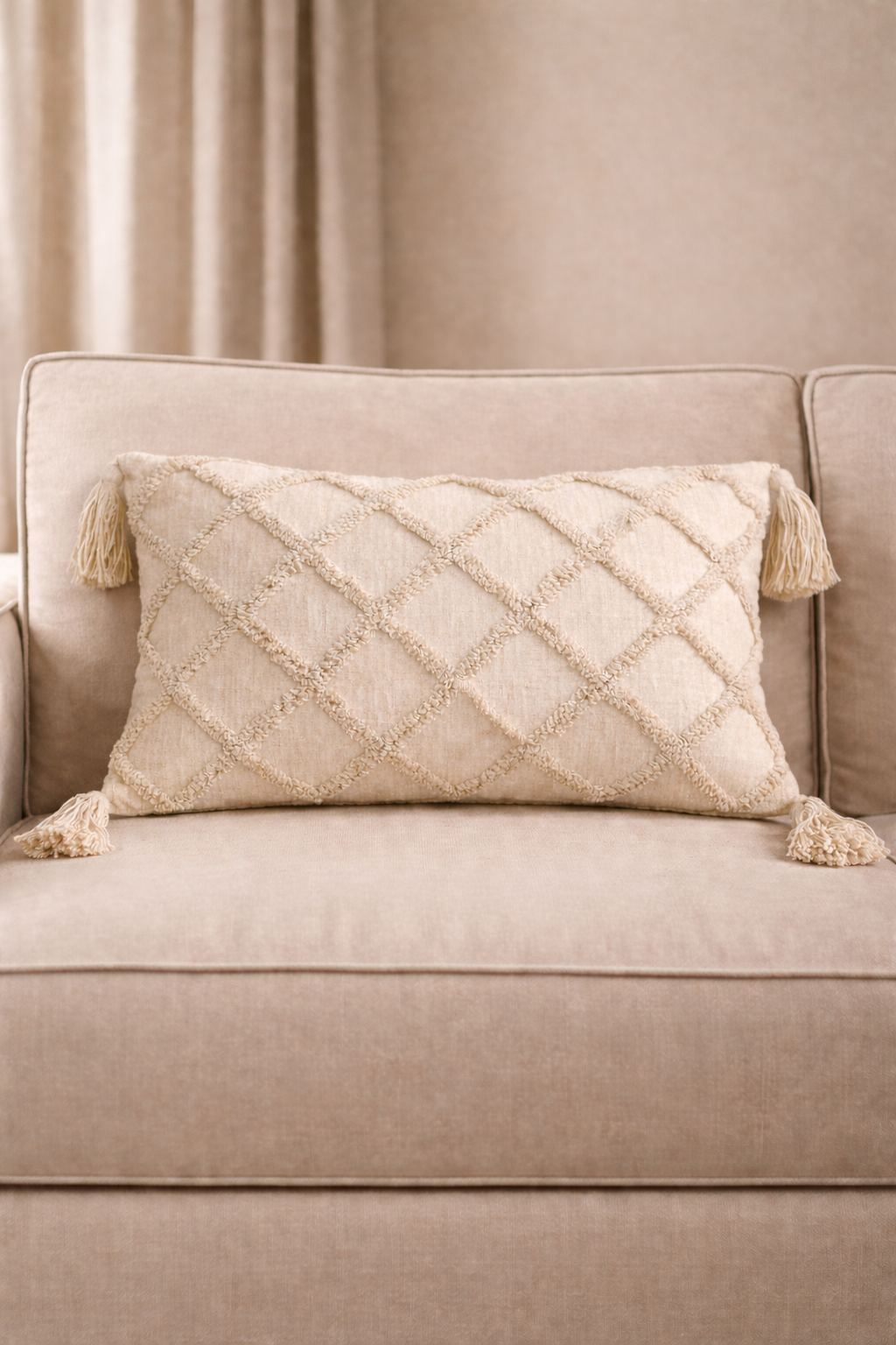 Beige rectangular cushion with diamond tufted detailing and tassel corners