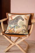 Beige velvet cushion cover with zebra, botanical flowers and wildlife illustration