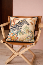 Beige velvet cushion cover with zebra, botanical flowers and wildlife illustration