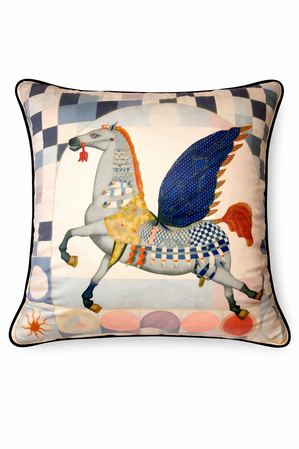 Blue and cream velvet cushion cover featuring a winged horse illustration with navy wings and pastel detailing, square cushion