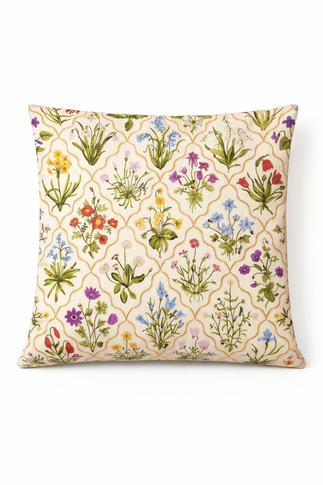 Cream square cushion with multicolour botanical flowers in a repeating trellis lattice pattern