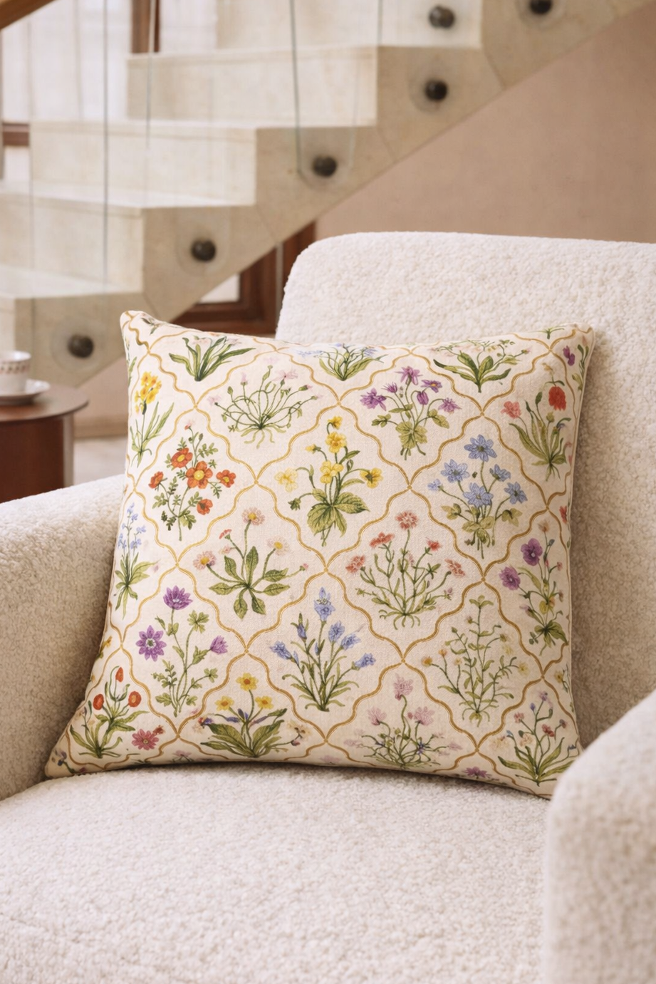 Cream square cushion with multicolour botanical flowers in a repeating trellis lattice pattern