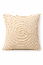 Ivory square cushion with concentric circular design appliqué and layered stitched pattern
