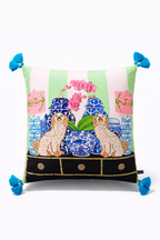 Mint green velvet cushion cover with two lucky dogs, blue porcelain vases and blue tassels