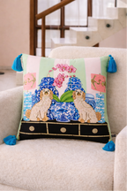Mint green velvet cushion cover with two lucky dogs, blue porcelain vases and blue tassels