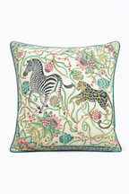 Mint green velvet cushion cover with zebra and leopard among botanical flowers