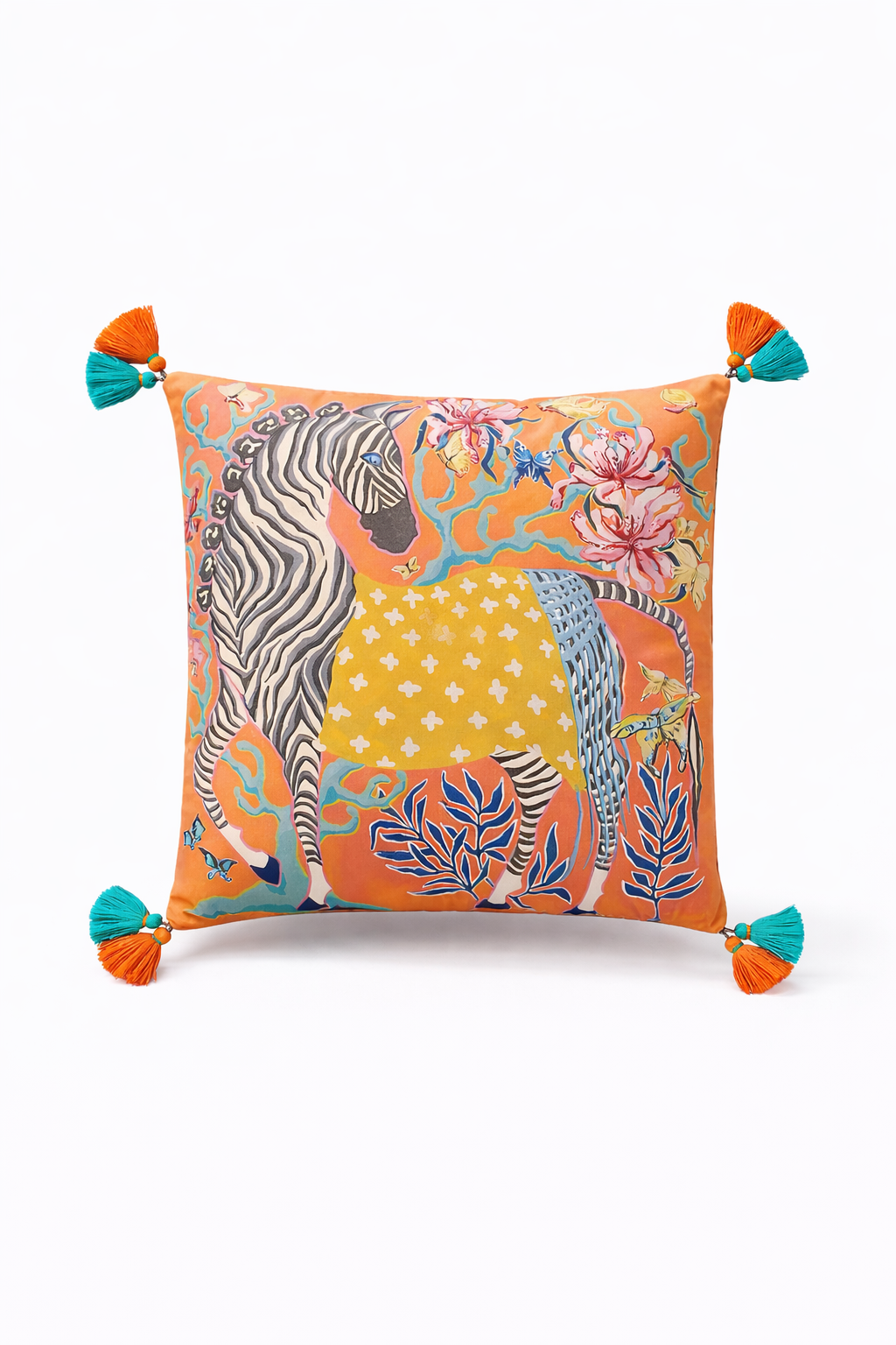 Orange velvet cushion cover with illustrated zebra, floral motifs and blue tassels, square decorative cushion.