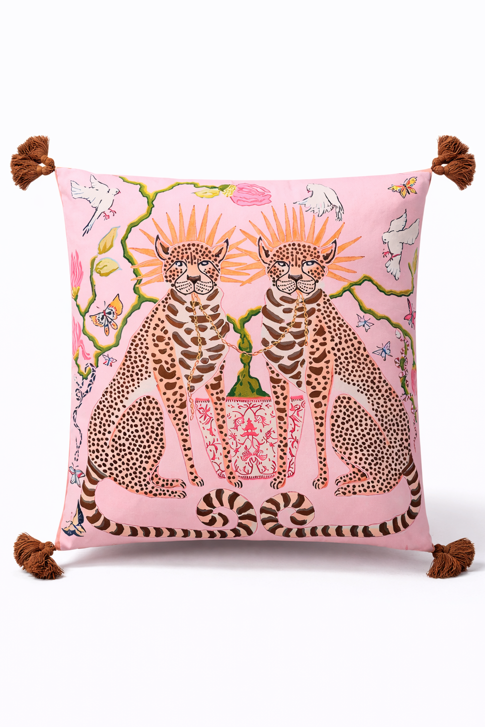 Pink velvet cushion cover with two illustrated cheetahs, sunburst halos, birds, floral branches and brown tassel corners