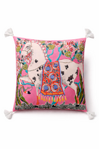 Pink velvet cushion cover with illustrated horse, floral motifs and white corner tassels
