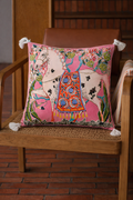 Pink velvet cushion cover with illustrated horse, floral motifs and white corner tassels